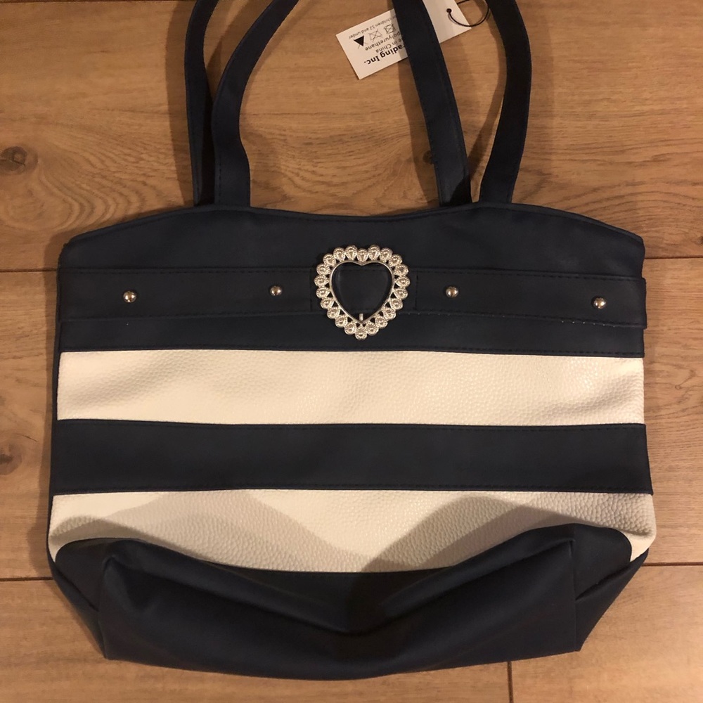 Heart Encrusted Navy Blue and White tote bag .
